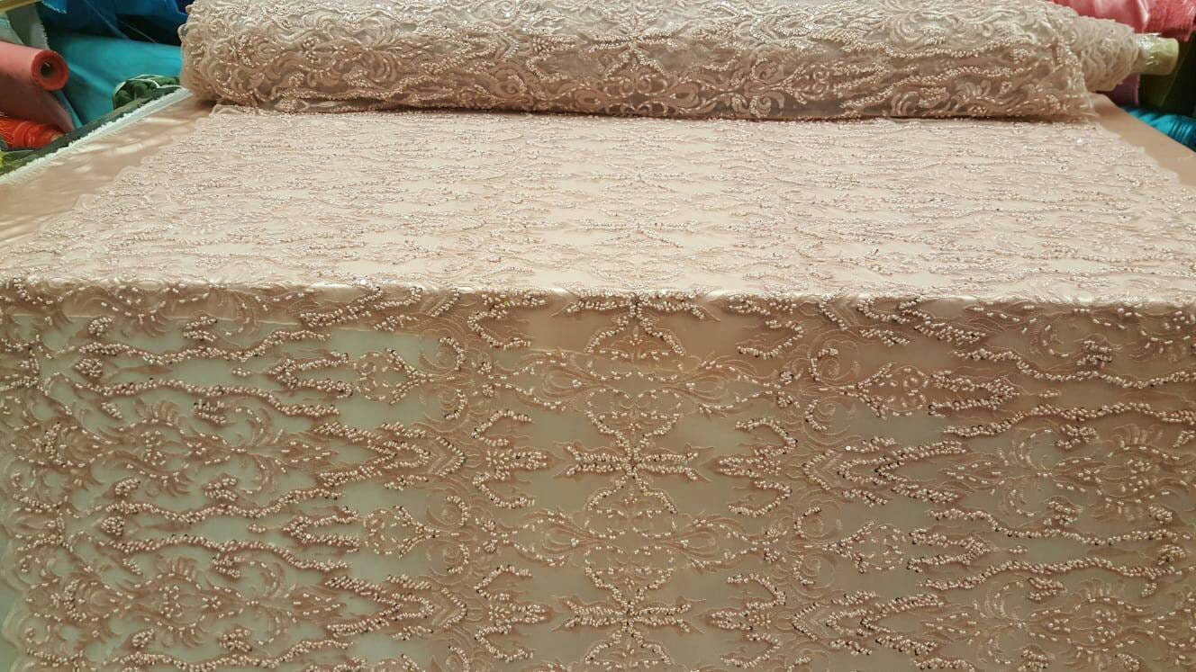 Dusty Rose Hand Beaded Lace Fabric By The Yard Damask Pattern Quinceañera Dress Bridal Evening Gown Fashion Beaded Lace Geometric