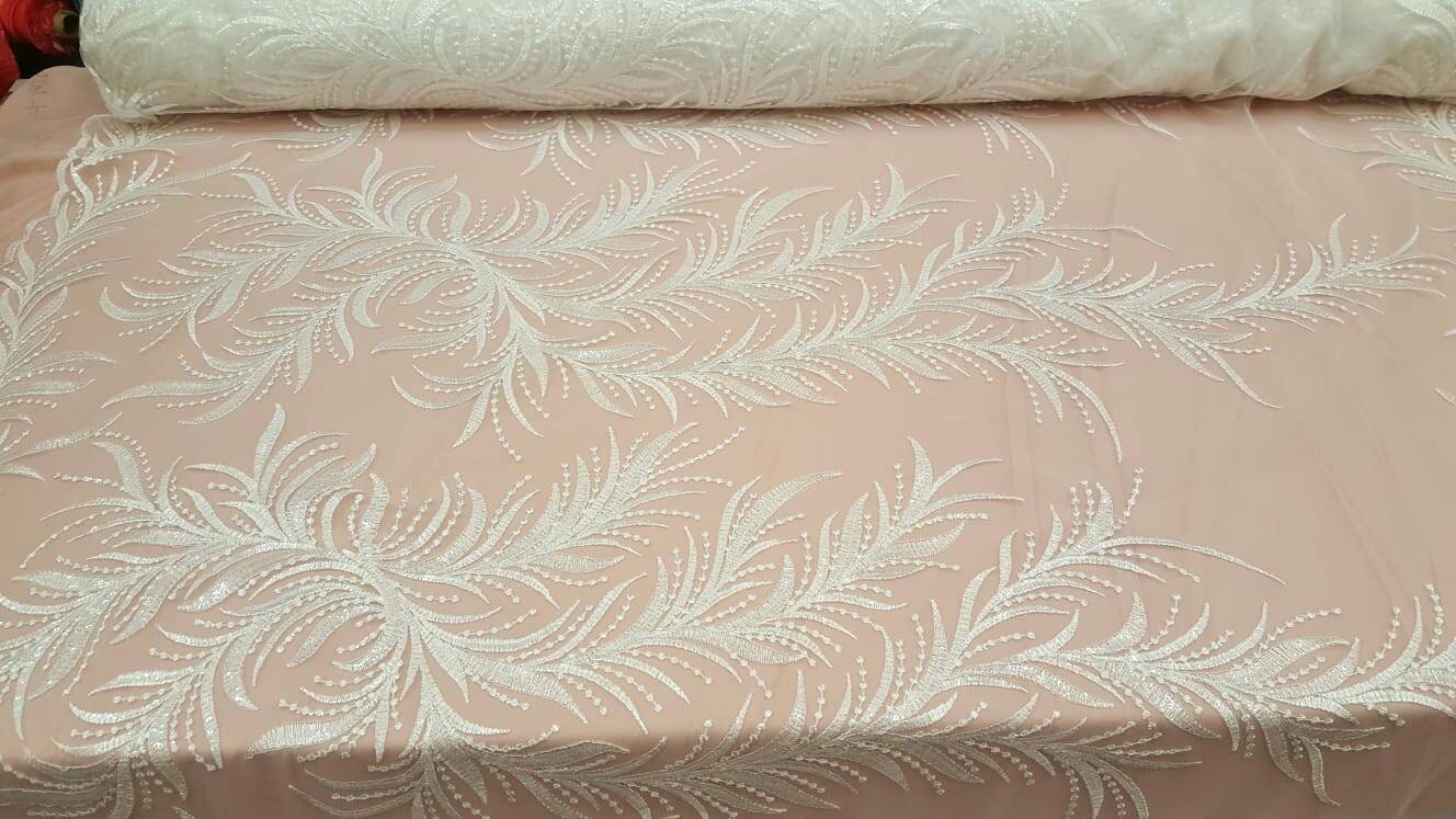 Off White Bridal Lace Clear Sequin On Mesh Embroidery Branches Fabric Sold By The Yard Wedding Gown Gorgeous Bridal Evening Dress Shine Lace