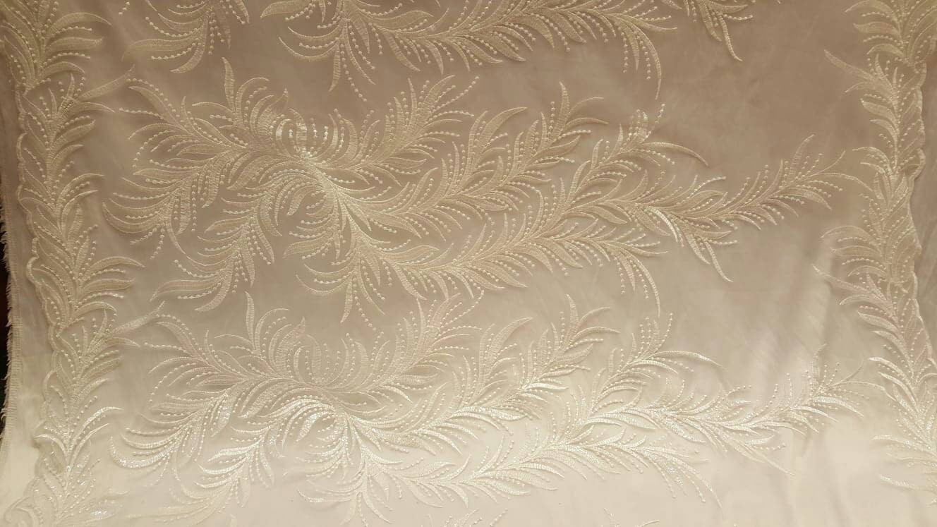 Off White Bridal Lace Clear Sequin On Mesh Embroidery Branches Fabric Sold By The Yard Wedding Gown Gorgeous Bridal Evening Dress Shine Lace