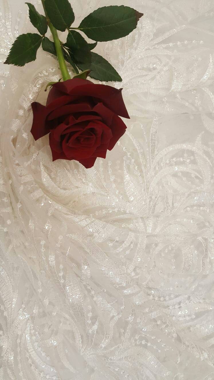 Off White Bridal Lace Clear Sequin On Mesh Embroidery Branches Fabric Sold By The Yard Wedding Gown Gorgeous Bridal Evening Dress Shine Lace