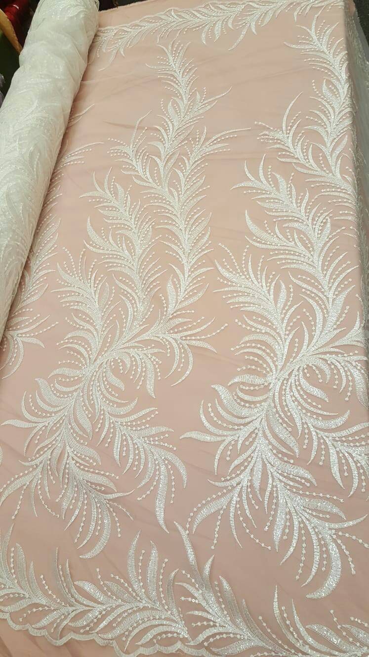 Off White Bridal Lace Clear Sequin On Mesh Embroidery Branches Fabric Sold By The Yard Wedding Gown Gorgeous Bridal Evening Dress Shine Lace
