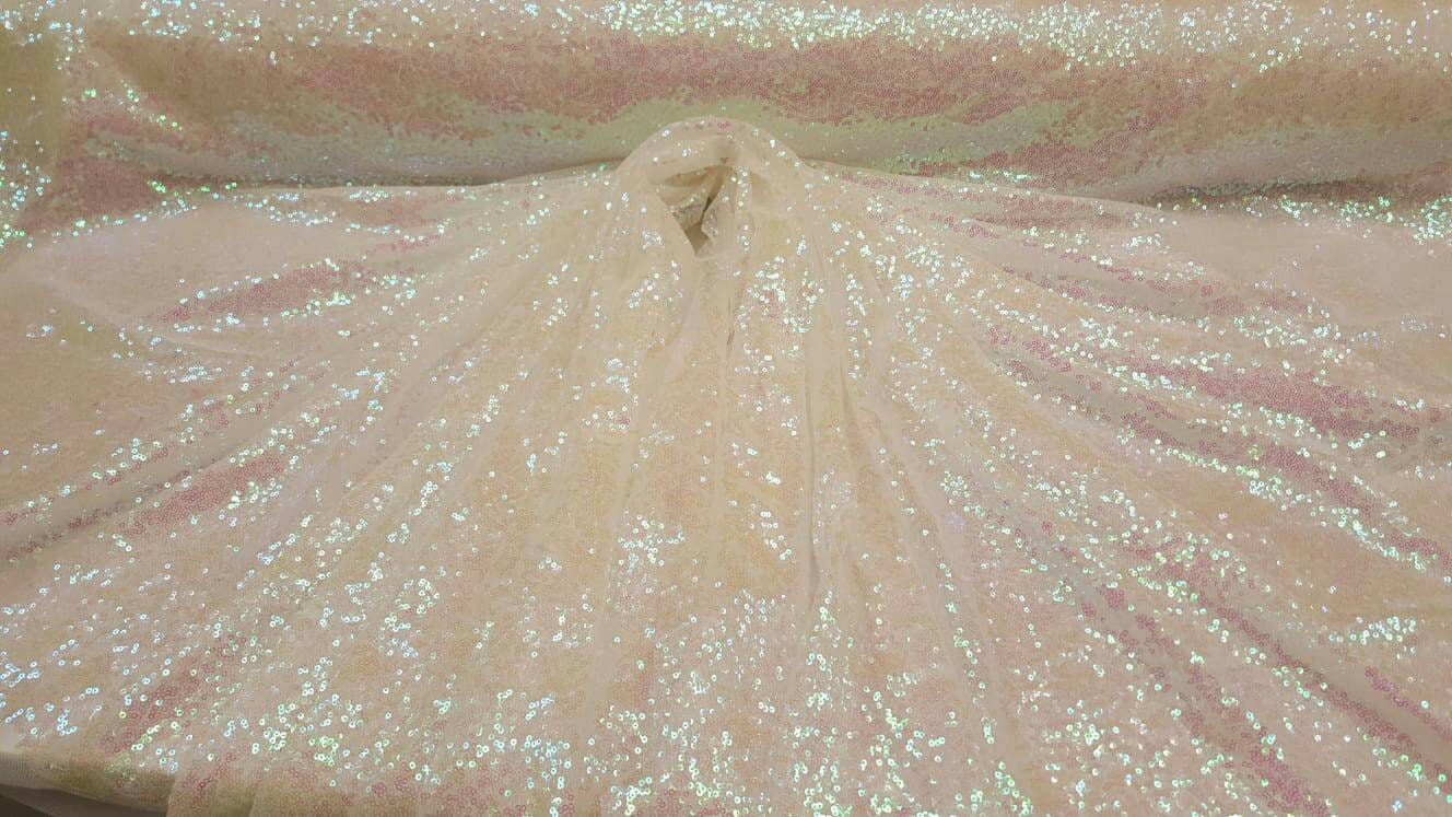 White Iridescent Sequin 58 Hologram Fabric Sold by the Yard Gown Quinceañera Bridal Evening Dress Gorgeous Draping clothing Tablecloth