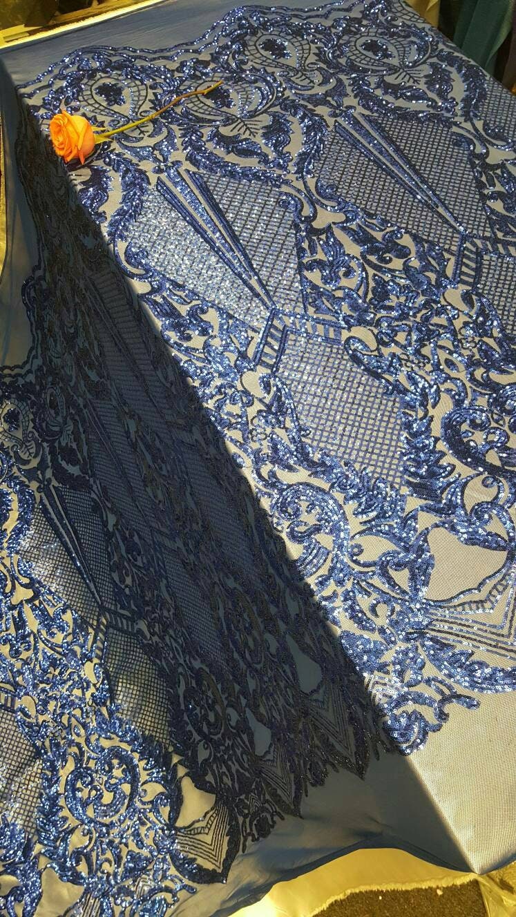Royal Blue Sequin Lace On Stretch Mesh Prom Fabric Sold By The Yard Vintage Pattern Victoriana Egg Geometric Fashion Dress Bridal Evening Go