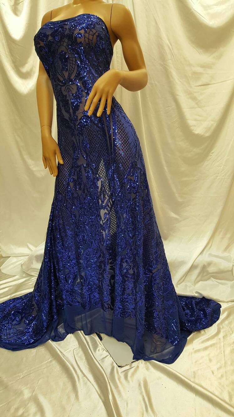 Royal Blue Sequin Lace On Stretch Mesh Prom Fabric Sold By The Yard Vintage Pattern Victoriana Egg Geometric Fashion Dress Bridal Evening Go