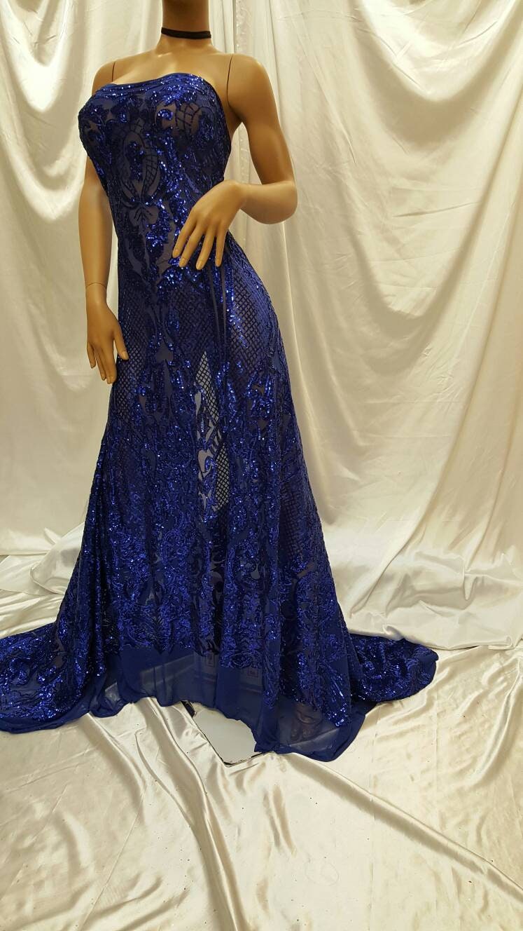 Royal Blue Sequin Lace On Stretch Mesh Prom Fabric Sold By The Yard Vintage Pattern Victoriana Egg Geometric Fashion Dress Bridal Evening Go