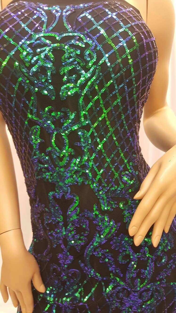 Iridescent Green Sequin Lace Stretch Mesh Iridescent Holografic Geometric Pattern Prom Fabric Sold By The Yard Bridal Evening