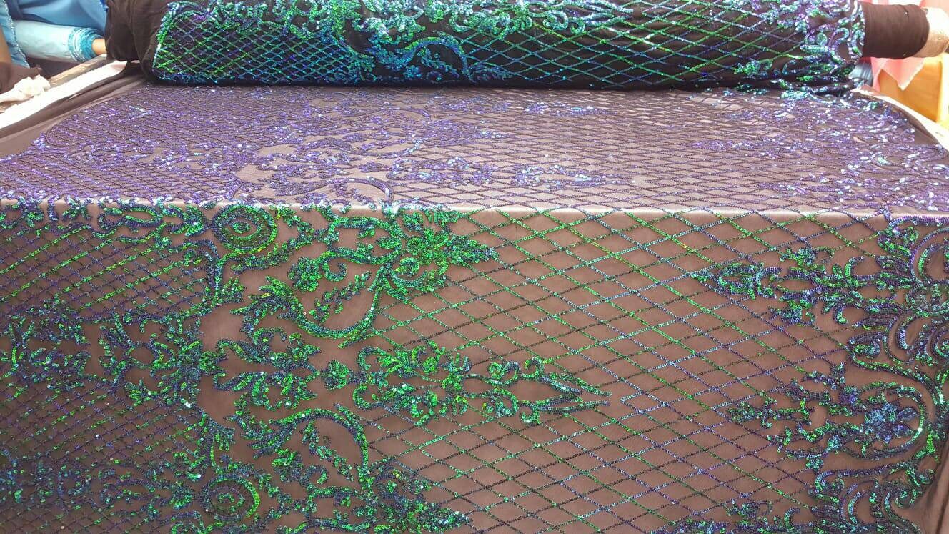 Iridescent Green Sequin Lace Stretch Mesh Iridescent Holografic Geometric Pattern Prom Fabric Sold By The Yard Bridal Evening