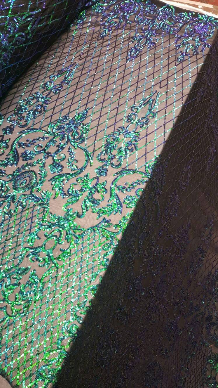 Iridescent Green Sequin Lace Stretch Mesh Iridescent Holografic Geometric Pattern Prom Fabric Sold By The Yard Bridal Evening