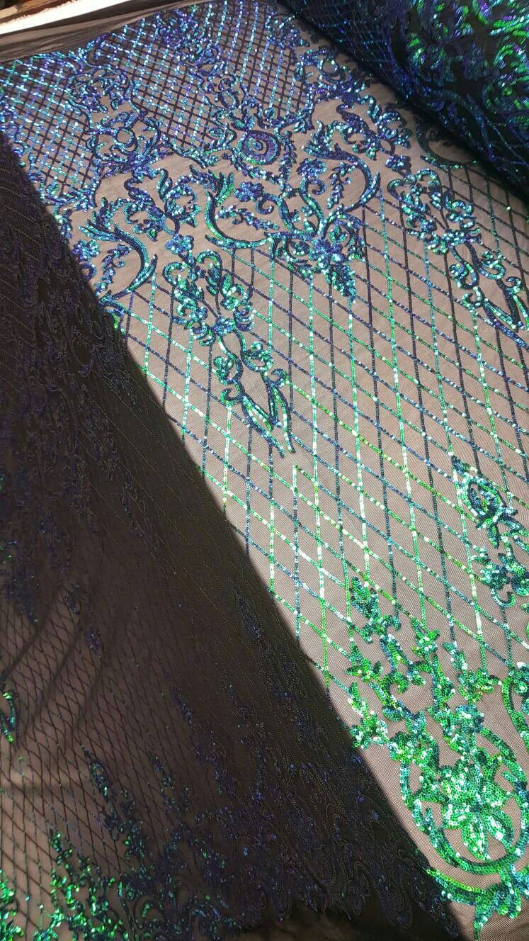 Iridescent Green Sequin Lace Stretch Mesh Iridescent Holografic Geometric Pattern Prom Fabric Sold By The Yard Bridal Evening
