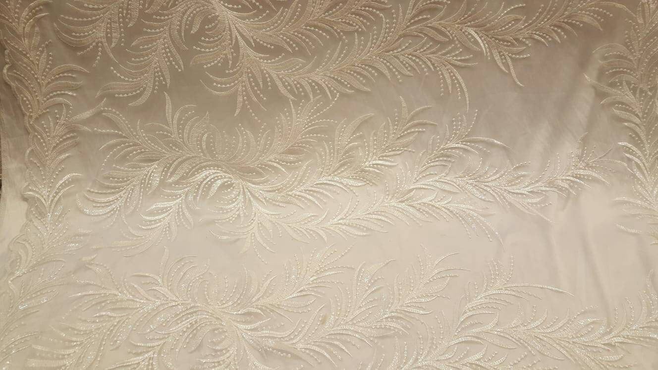 Off White Bridal Lace Clear Sequin On Mesh Embroidery Branches Fabric Sold By The Yard Wedding Gown Gorgeous Bridal Evening Dress Shine Lace