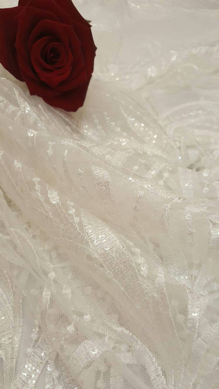 Off White Bridal Lace Clear Sequin On Mesh Embroidery Branches Fabric Sold By The Yard Wedding Gown Gorgeous Bridal Evening Dress Shine Lace