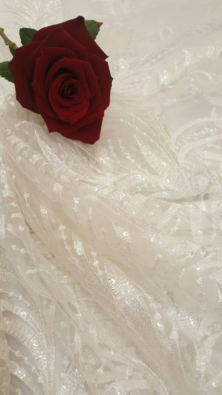 Off White Bridal Lace Clear Sequin On Mesh Embroidery Branches Fabric Sold By The Yard Wedding Gown Gorgeous Bridal Evening Dress Shine Lace