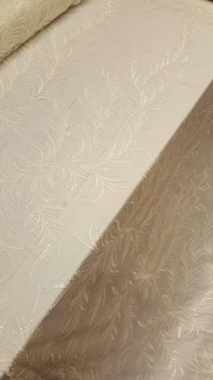 Off White Bridal Lace Clear Sequin On Mesh Embroidery Branches Fabric Sold By The Yard Wedding Gown Gorgeous Bridal Evening Dress Shine Lace