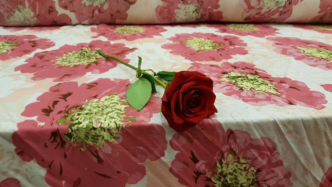 100% Rayon Challis Big Pink Blush Flowers Floral Soft Light Weight Dress Decoration Draping Table Cloths Clothing Off White Background
