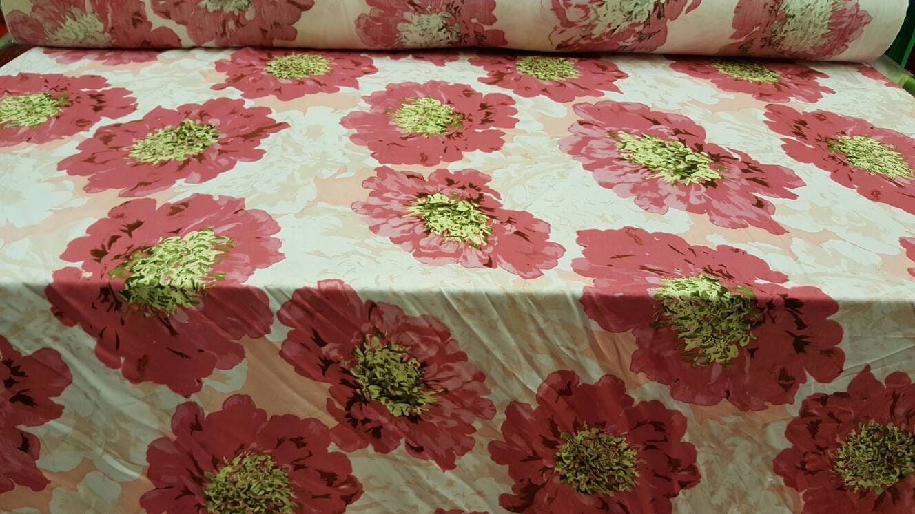 100% Rayon Challis Big Pink Blush Flowers Floral Soft Light Weight Dress Decoration Draping Table Cloths Clothing Off White Background