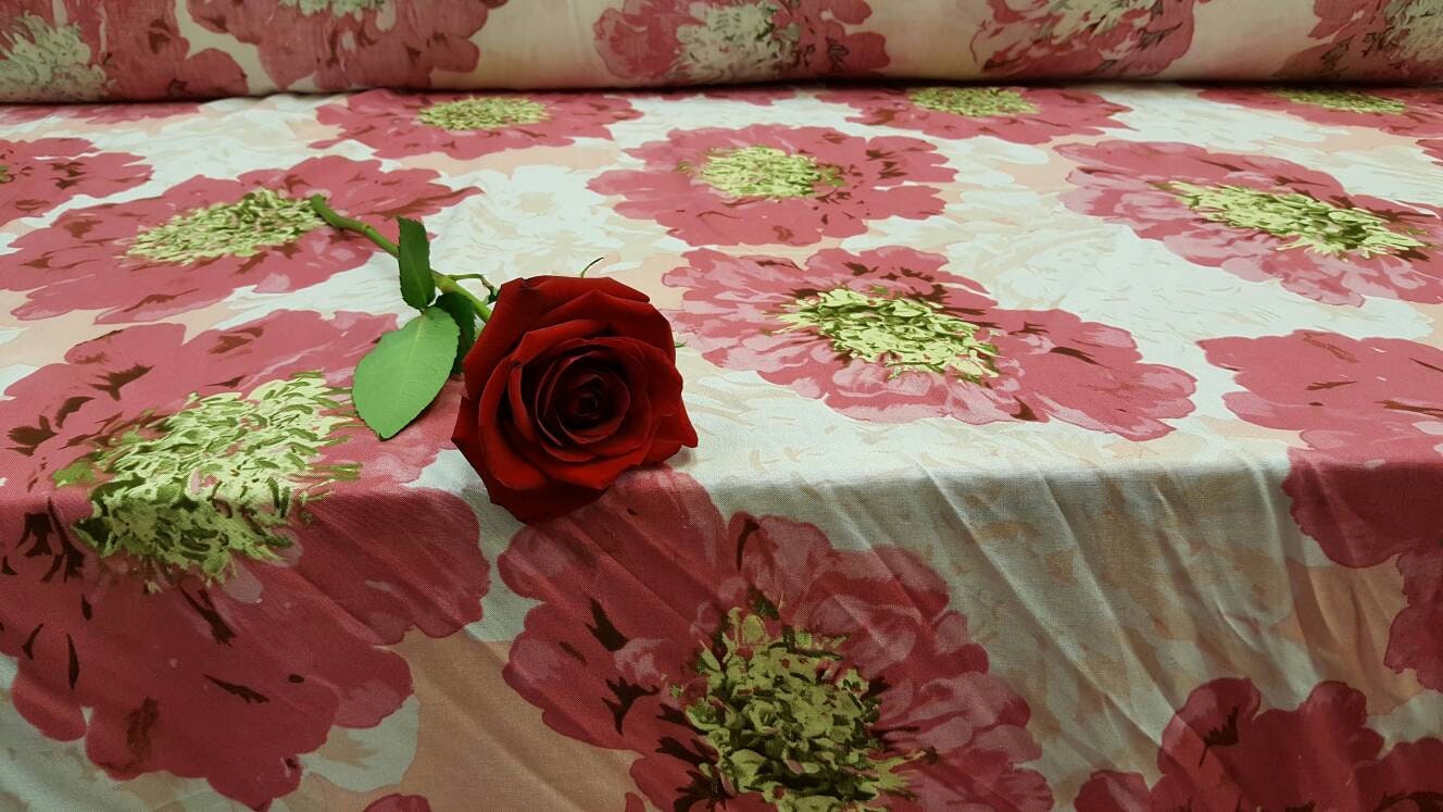 100% Rayon Challis Big Pink Blush Flowers Floral Soft Light Weight Dress Decoration Draping Table Cloths Clothing Off White Background