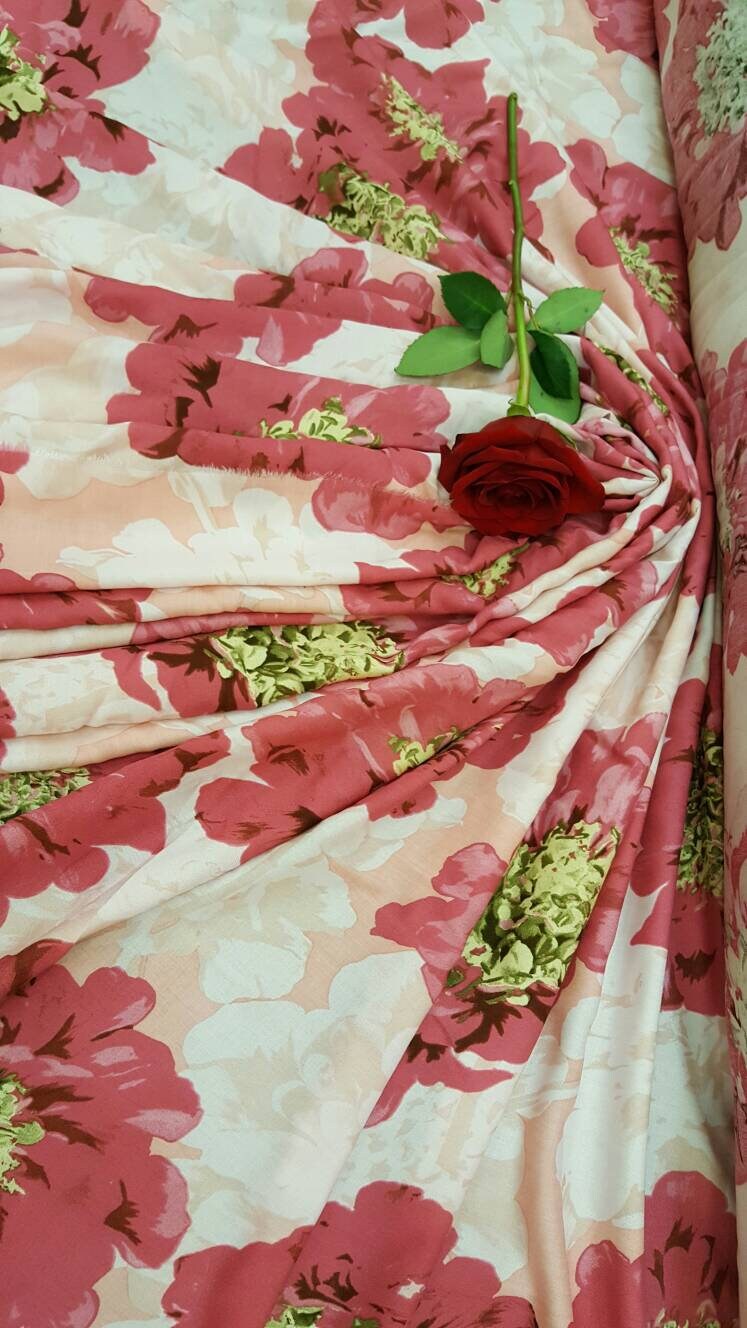 100% Rayon Challis Big Pink Blush Flowers Floral Soft Light Weight Dress Decoration Draping Table Cloths Clothing Off White Background
