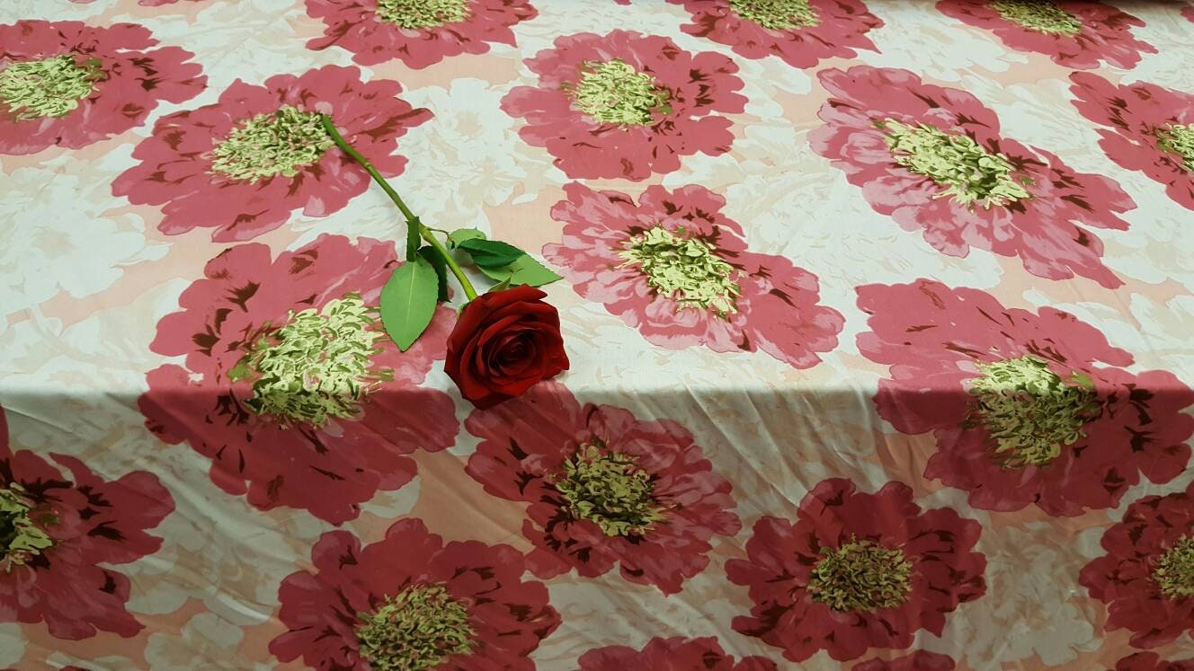 100% Rayon Challis Big Pink Blush Flowers Floral Soft Light Weight Dress Decoration Draping Table Cloths Clothing Off White Background