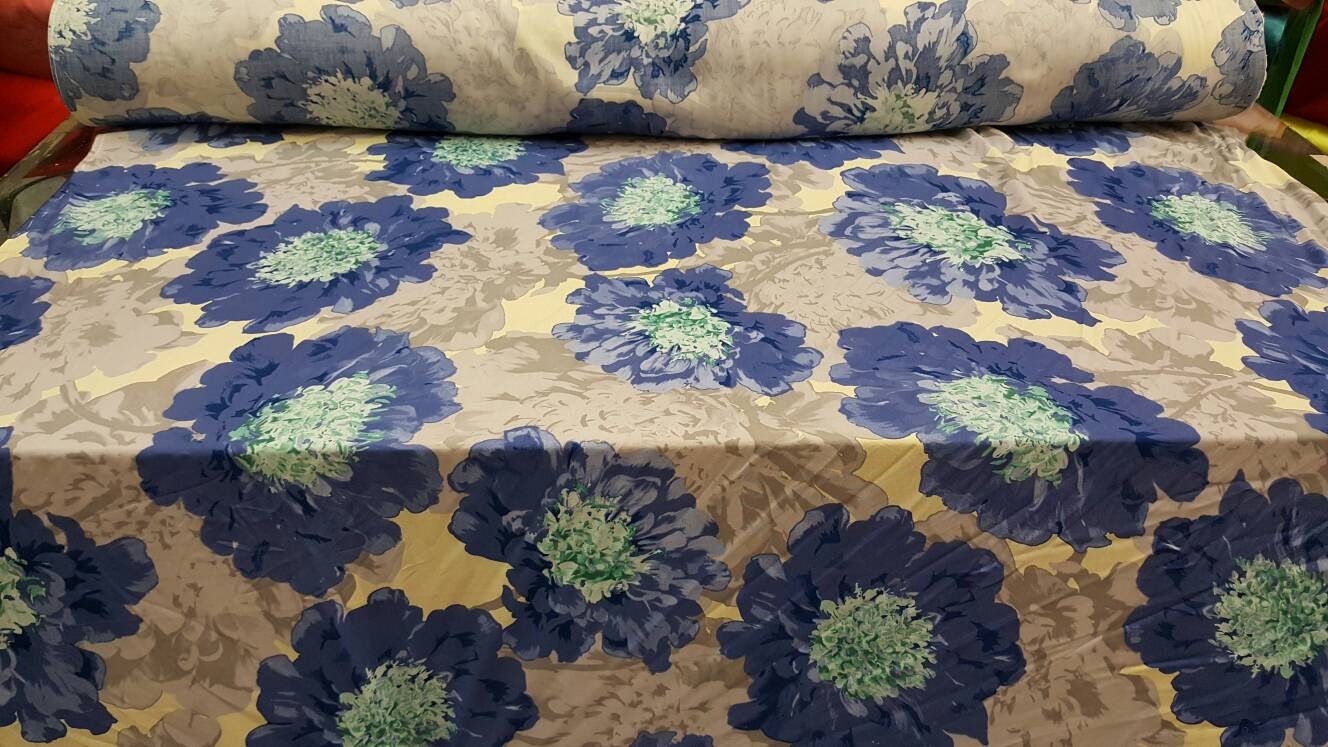 100% Rayon Challis Blue Mint Big Floral Flowers Fabric By The Yard Flowy Soft Decoration Clothing Dress