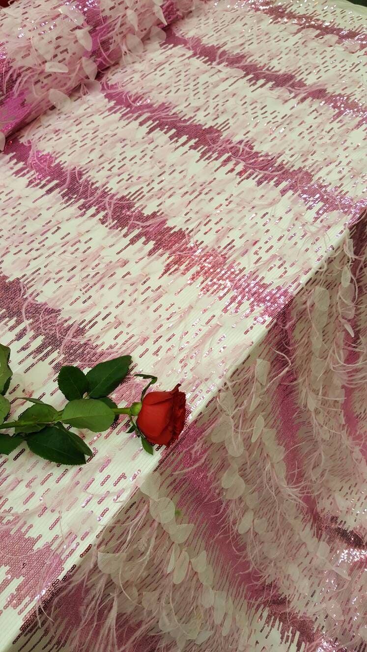 Fuchsia Lace Feathers Sequin Embroidered On Pink Mesh Fabric Sold By The Yard Gown Quinceañera Prom