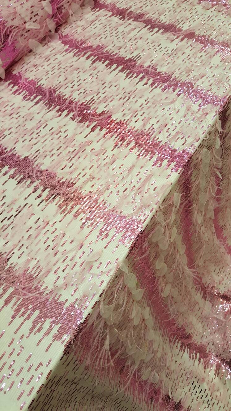 Fuchsia Lace Feathers Sequin Embroidered On Pink Mesh Fabric Sold By The Yard Gown Quinceañera Prom