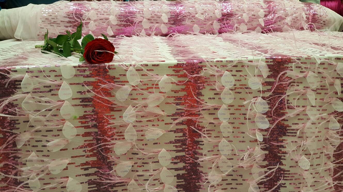 Fuchsia Lace Feathers Sequin Embroidered On Pink Mesh Fabric Sold By The Yard Gown Quinceañera Prom