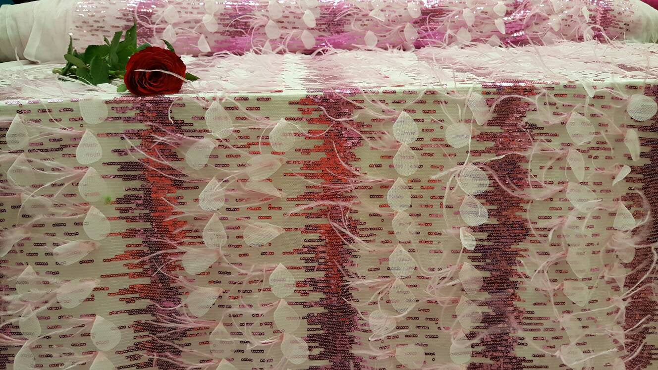 Fuchsia Lace Feathers Sequin Embroidered On Pink Mesh Fabric Sold By The Yard Gown Quinceañera Prom