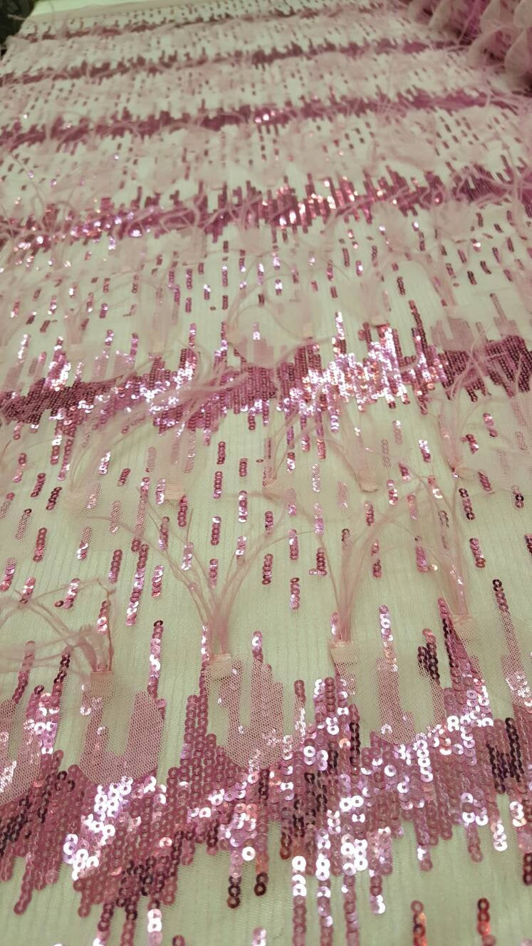 Fuchsia Lace Feathers Sequin Embroidered On Pink Mesh Fabric Sold By The Yard Gown Quinceañera Prom