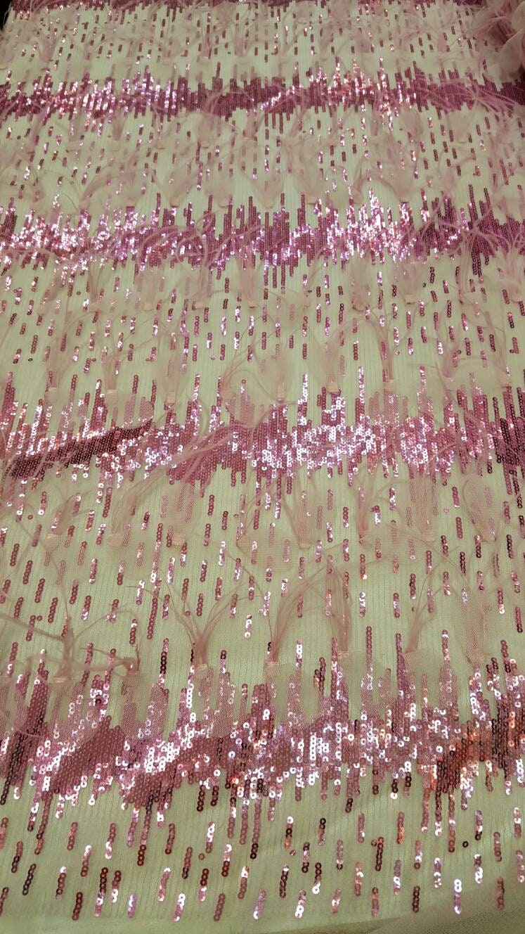 Fuchsia Lace Feathers Sequin Embroidered On Pink Mesh Fabric Sold By The Yard Gown Quinceañera Prom