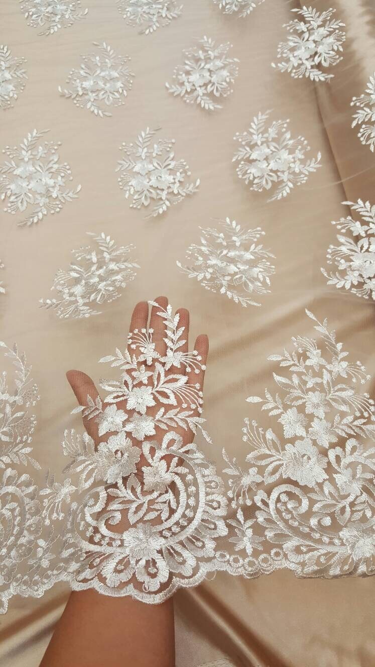 Off White Embroidered Lace Floral Flowers on Mesh Fabric Sold by the Yard Gown Bridal Evening Dress Scalloped Fashion Lace