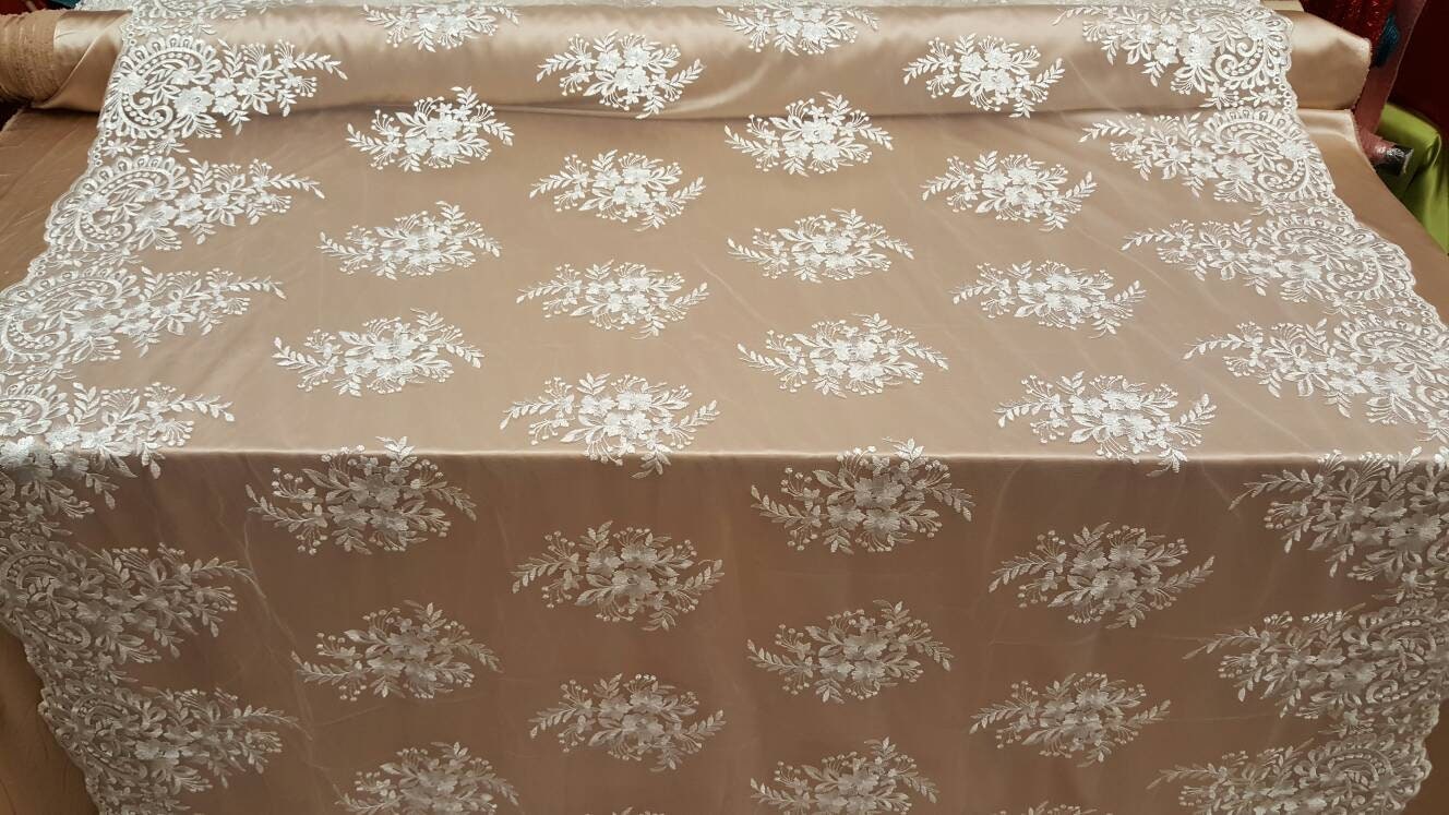 Off White Embroidered Lace Floral Flowers on Mesh Fabric Sold by the Yard Gown Bridal Evening Dress Scalloped Fashion Lace