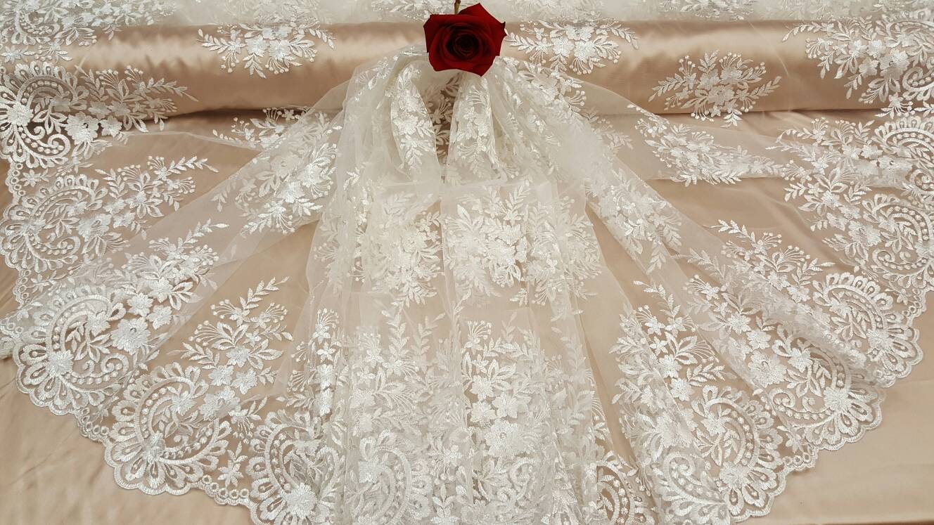 Off White Embroidered Lace Floral Flowers on Mesh Fabric Sold by the Yard Gown Bridal Evening Dress Scalloped Fashion Lace