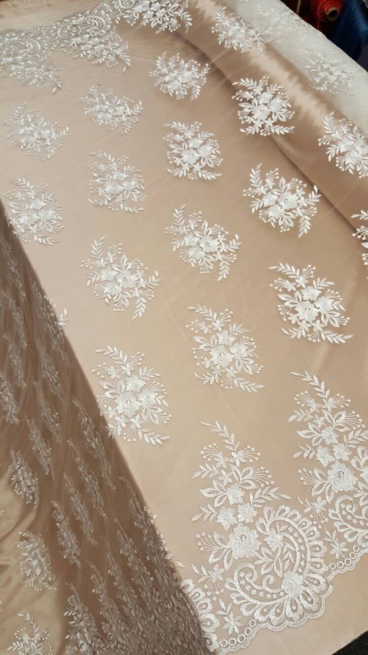 Off White Embroidered Lace Floral Flowers on Mesh Fabric Sold by the Yard Gown Bridal Evening Dress Scalloped Fashion Lace