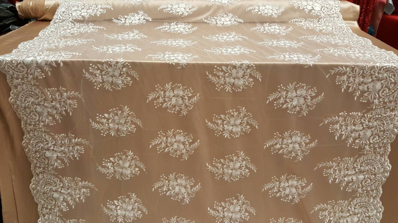 Off White Embroidered Lace Floral Flowers on Mesh Fabric Sold by the Yard Gown Bridal Evening Dress Scalloped Fashion Lace