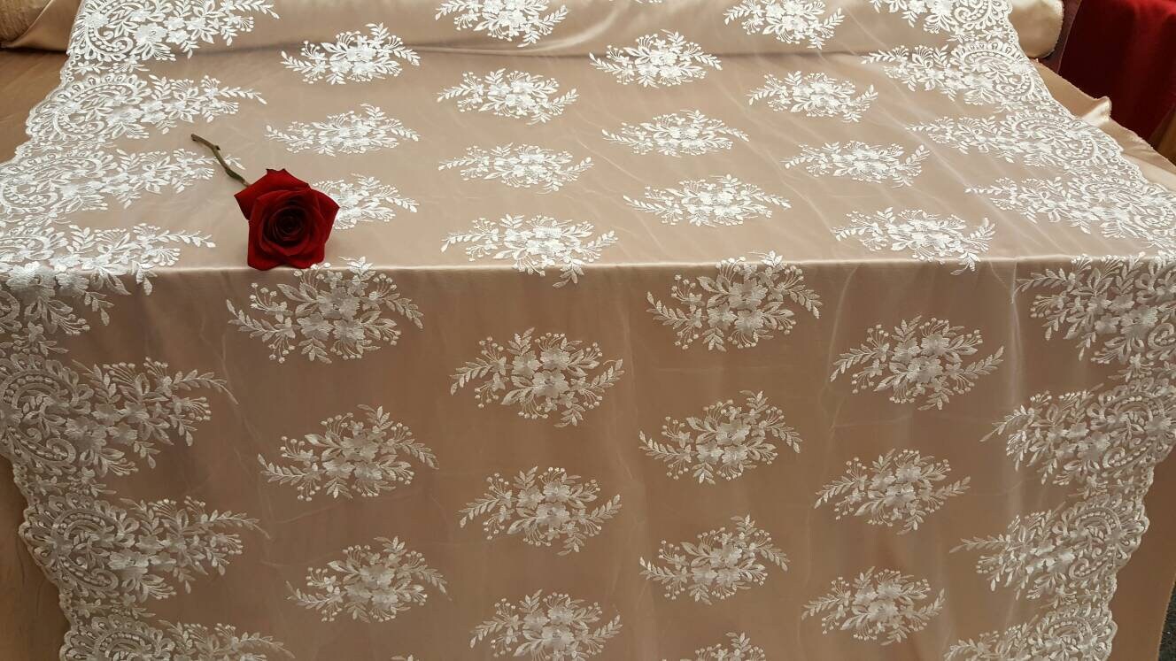 Off White Embroidered Lace Floral Flowers on Mesh Fabric Sold by the Yard Gown Bridal Evening Dress Scalloped Fashion Lace