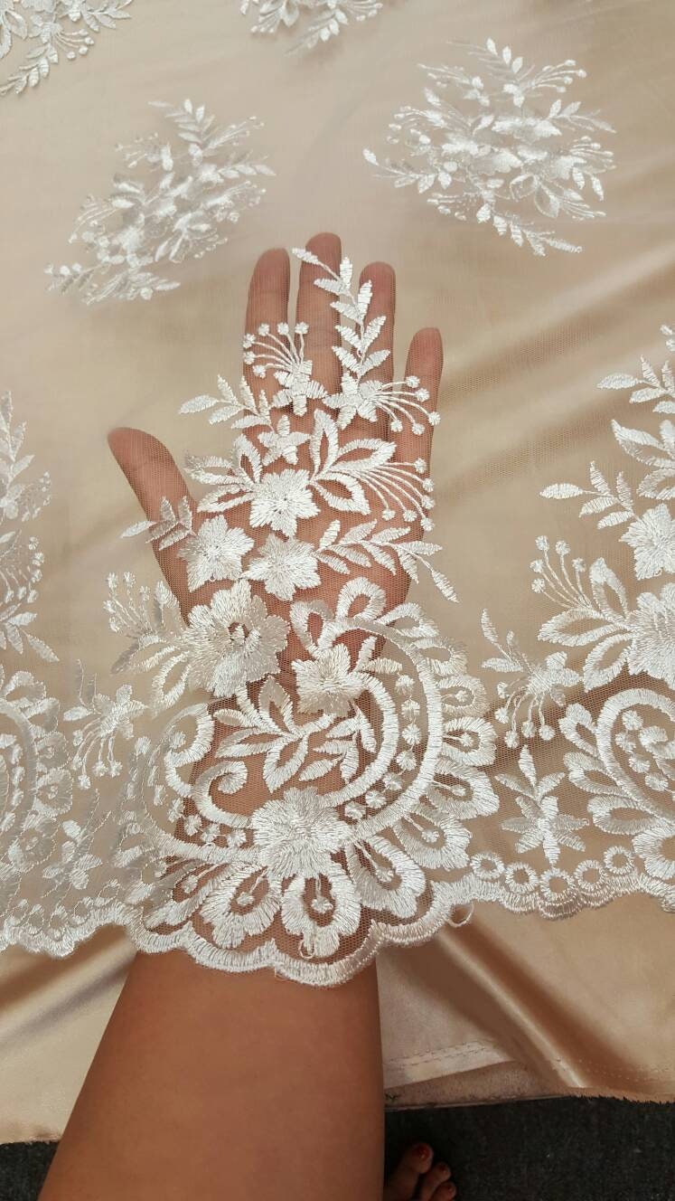 Off White Embroidered Lace Floral Flowers on Mesh Fabric Sold by the Yard Gown Bridal Evening Dress Scalloped Fashion Lace