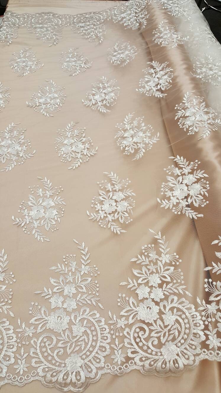 Off White Embroidered Lace Floral Flowers on Mesh Fabric Sold by the Yard Gown Bridal Evening Dress Scalloped Fashion Lace