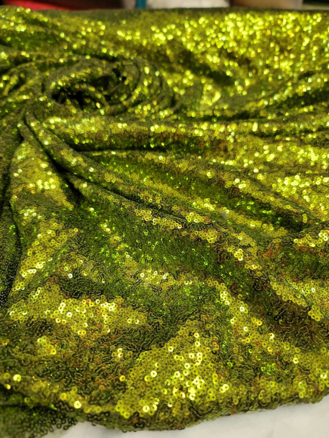 Sequin Fabric By The Yard Olive Green Glitz Sequin On Mesh Draping Clothing Decoration Background Fashion Sequin Embroidered on Stretch Mesh