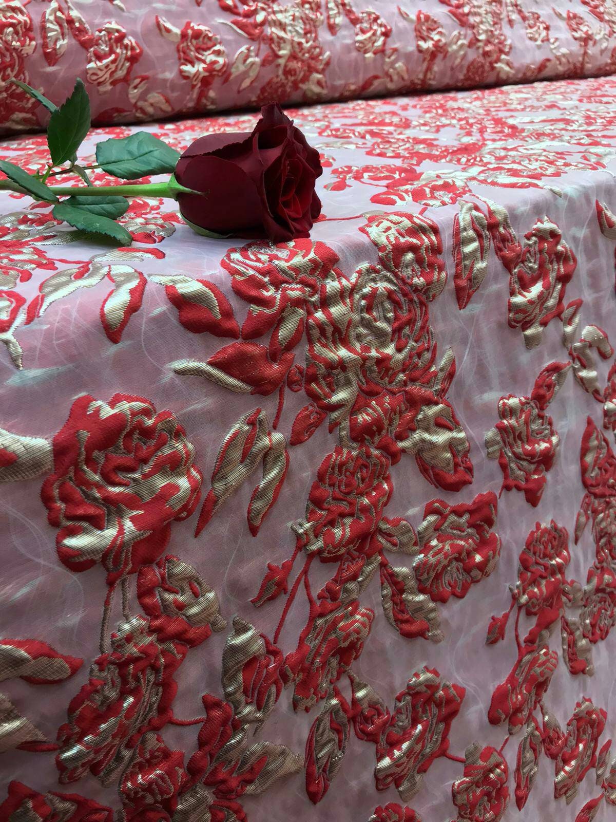 Brocade Floral Flowers Red and Metallic Gold Fabric by the Yard Shine Prom Evening Dress Gorgeous Decoration Dancer Clothing Jacquard Floral