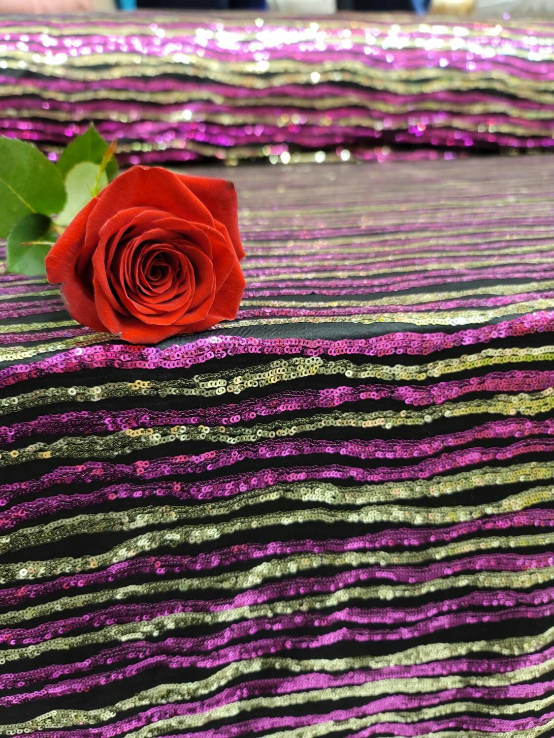 Gold and Fuchsia Sequin Shine Sequin Fabric Sold By The Yard Fashion Sequin on Black Jersey Knit Stretch Sequin Stripes Sequin Gold