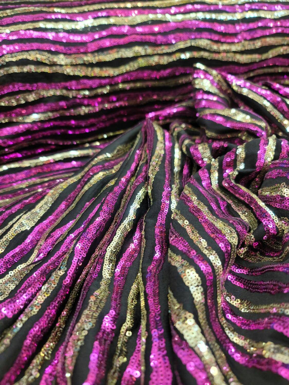 Gold and Fuchsia Sequin Shine Sequin Fabric Sold By The Yard Fashion Sequin on Black Jersey Knit Stretch Sequin Stripes Sequin Gold