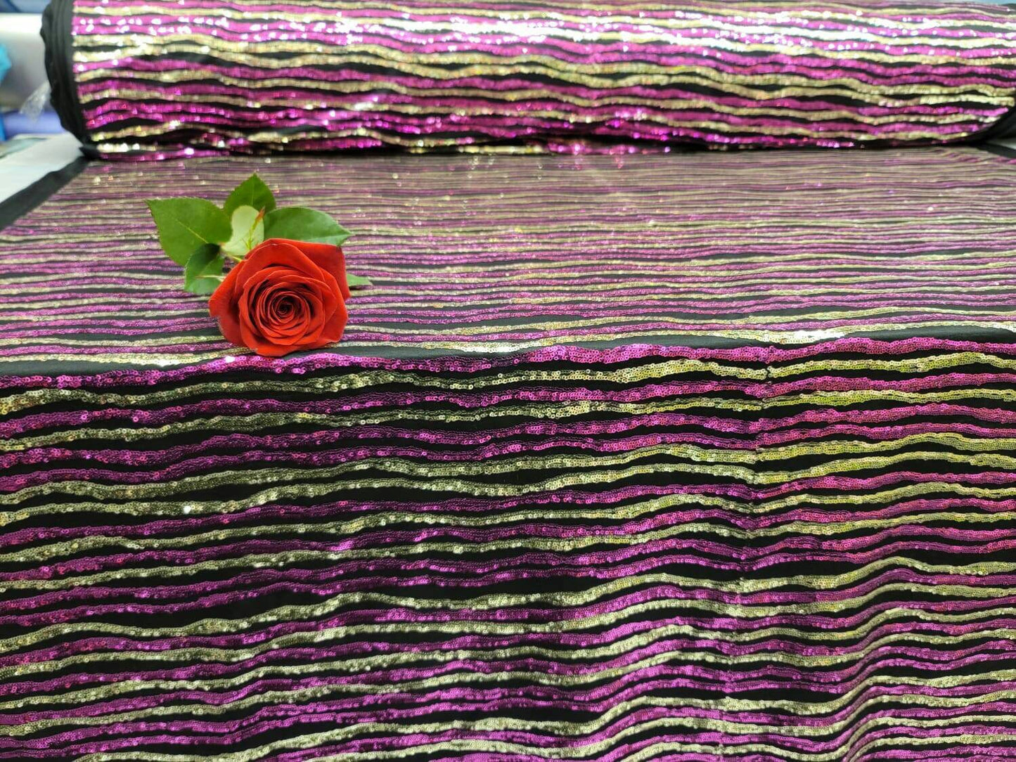 Gold and Fuchsia Sequin Shine Sequin Fabric Sold By The Yard Fashion Sequin on Black Jersey Knit Stretch Sequin Stripes Sequin Gold