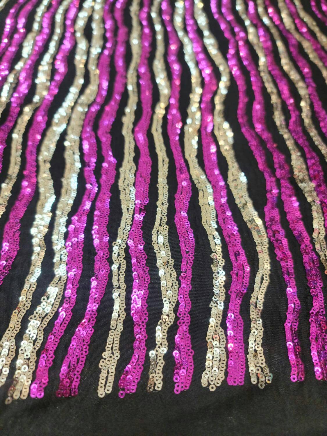 Gold and Fuchsia Sequin Shine Sequin Fabric Sold By The Yard Fashion Sequin on Black Jersey Knit Stretch Sequin Stripes Sequin Gold