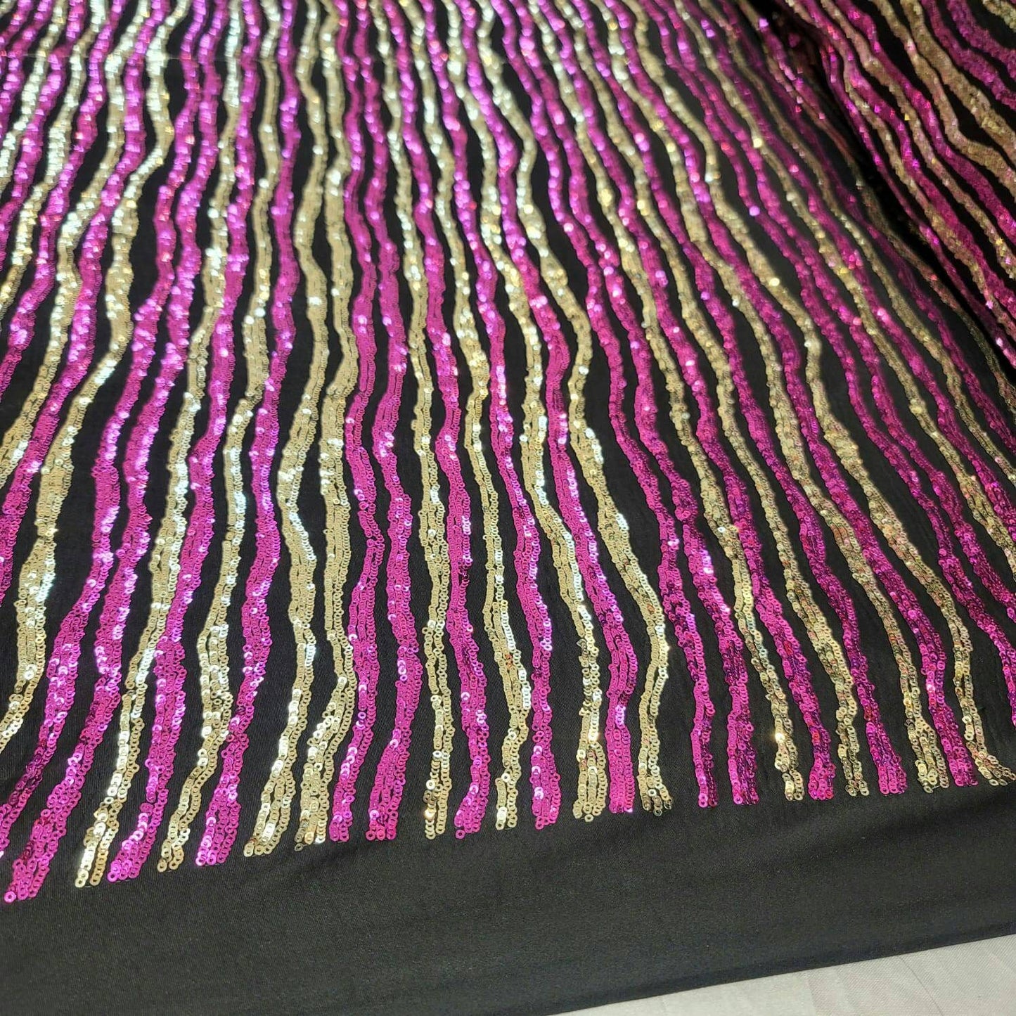 Gold and Fuchsia Sequin Shine Sequin Fabric Sold By The Yard Fashion Sequin on Black Jersey Knit Stretch Sequin Stripes Sequin Gold