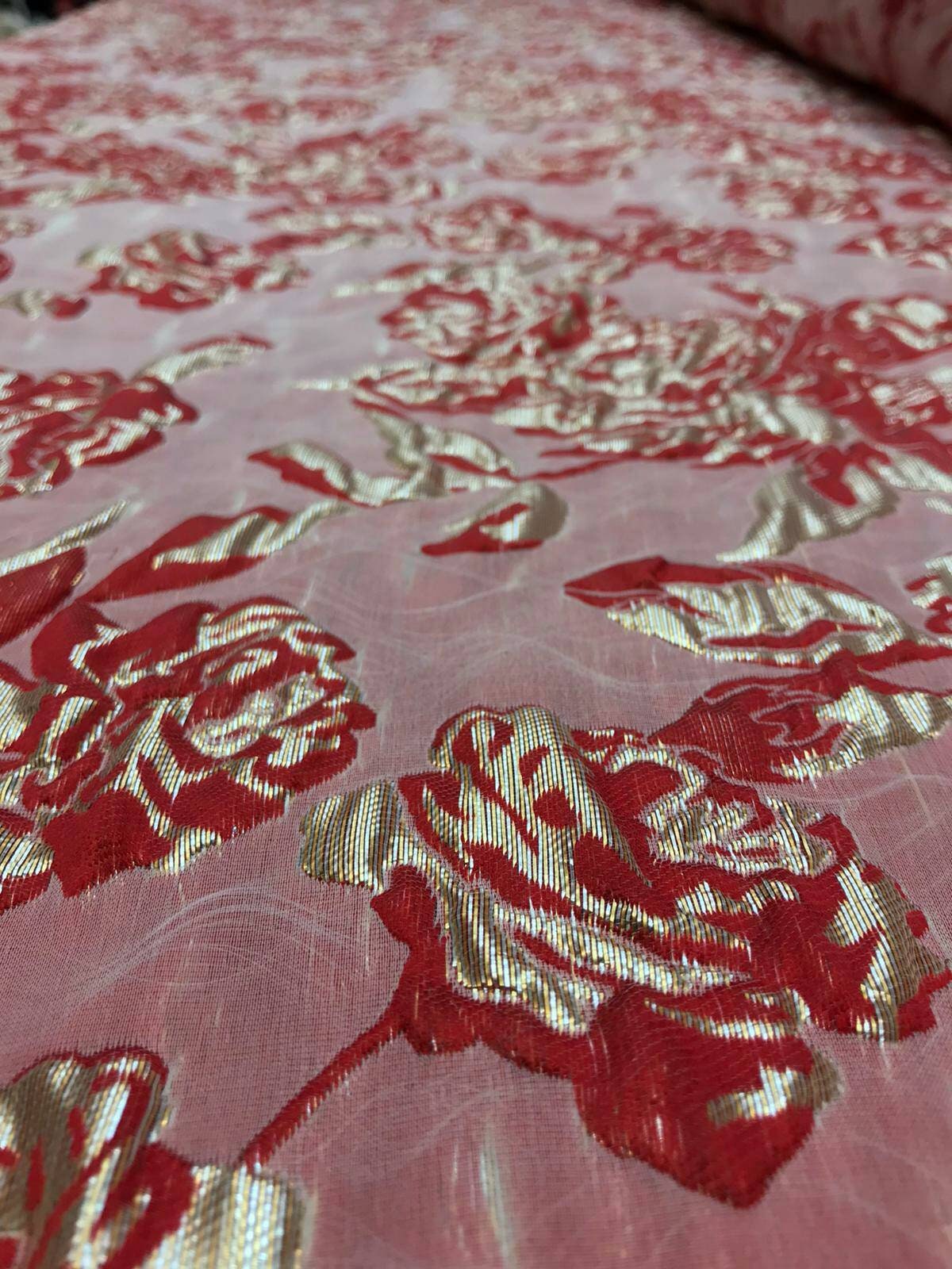 Brocade Floral Flowers Red and Metallic Gold Fabric by the Yard Shine Prom Evening Dress Gorgeous Decoration Dancer Clothing Jacquard Floral
