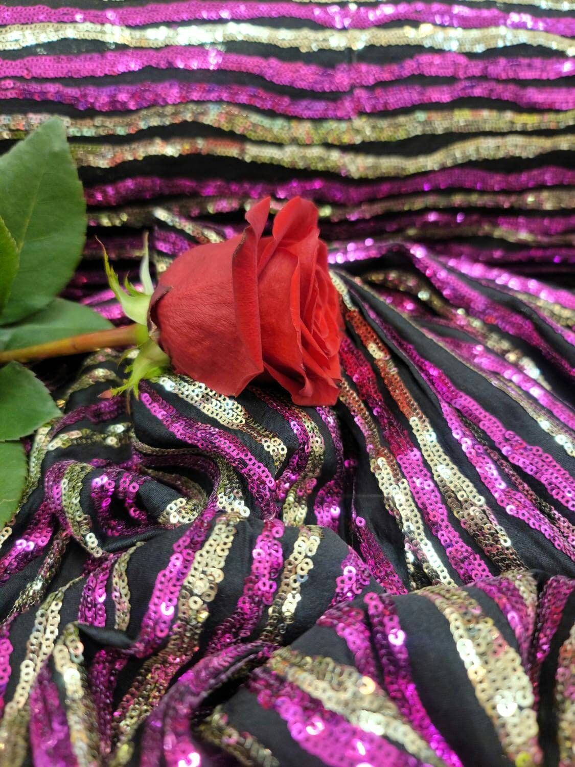 Gold and Fuchsia Sequin Shine Sequin Fabric Sold By The Yard Fashion Sequin on Black Jersey Knit Stretch Sequin Stripes Sequin Gold