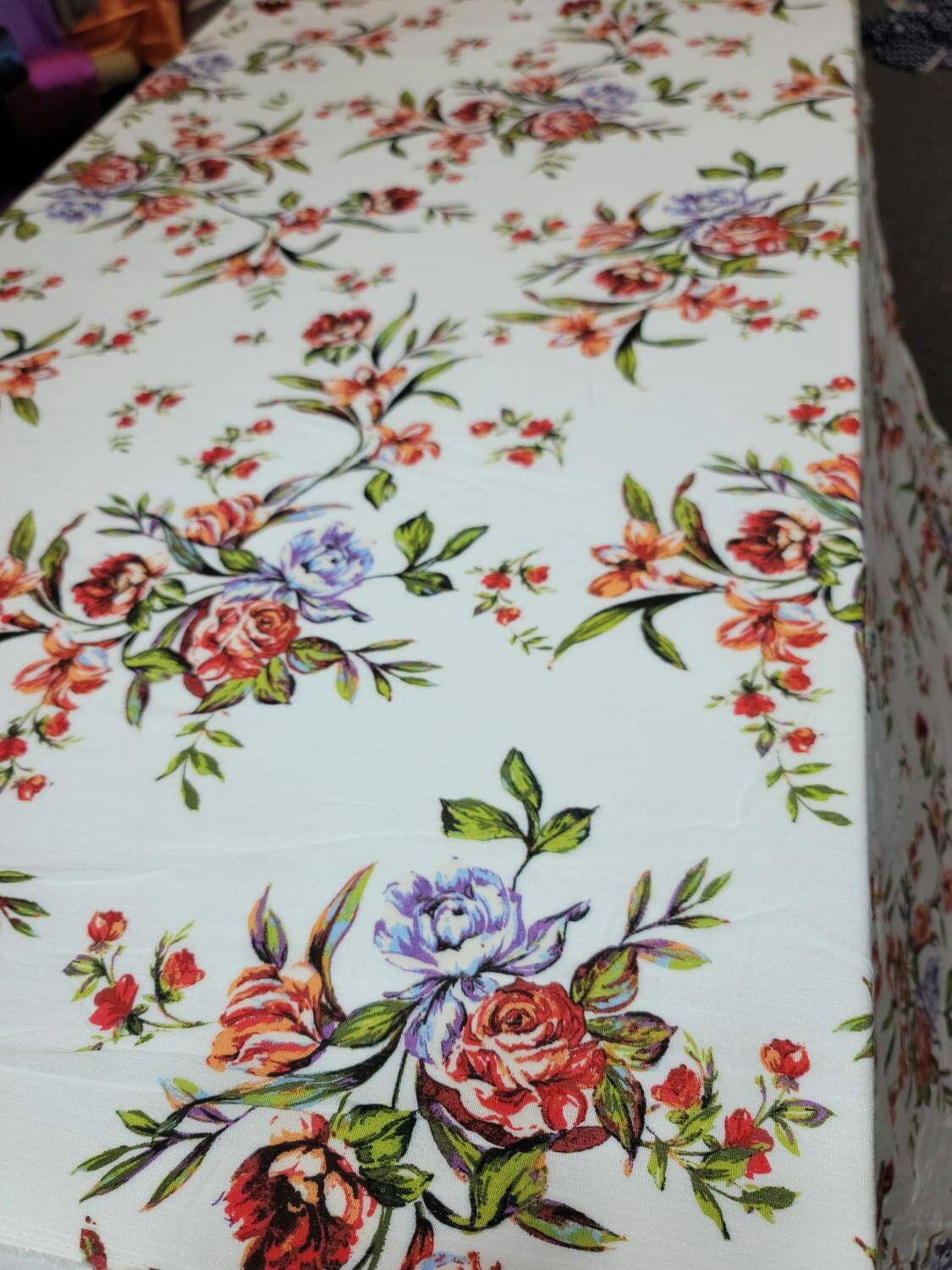 Rayon Crepe Off White Background Coral Red Green Floral Flowers 58-60 Inches Wide. Fabric By The Yard Soft Organic kids Dress Clothing Flowy