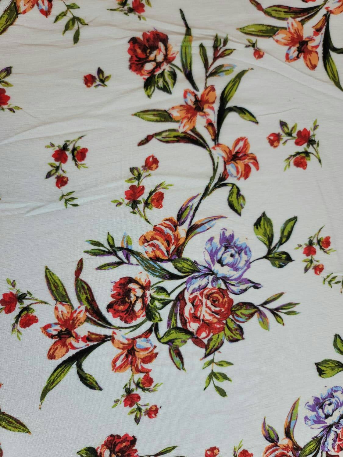 Rayon Crepe Off White Background Coral Red Green Floral Flowers 58-60 Inches Wide. Fabric By The Yard Soft Organic kids Dress Clothing Flowy