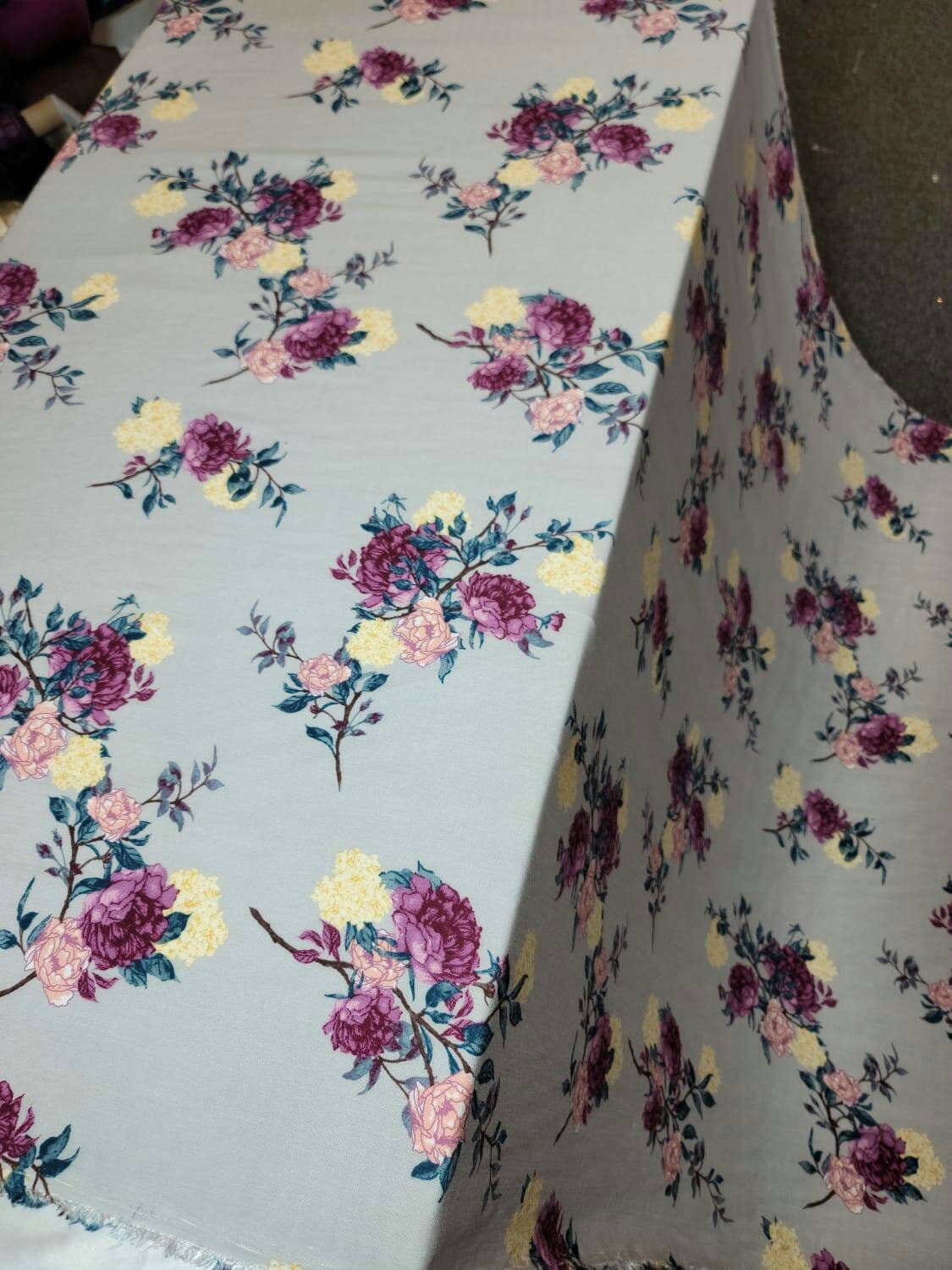 Rayon Challis Fabric By The Yard Ligth Gray Background Pinkish Floral Flowers Multicolor Dress Clothing Fabric By The Yard