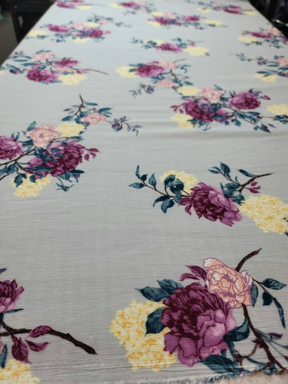 Rayon Challis Fabric By The Yard Ligth Gray Background Pinkish Floral Flowers Multicolor Dress Clothing Fabric By The Yard